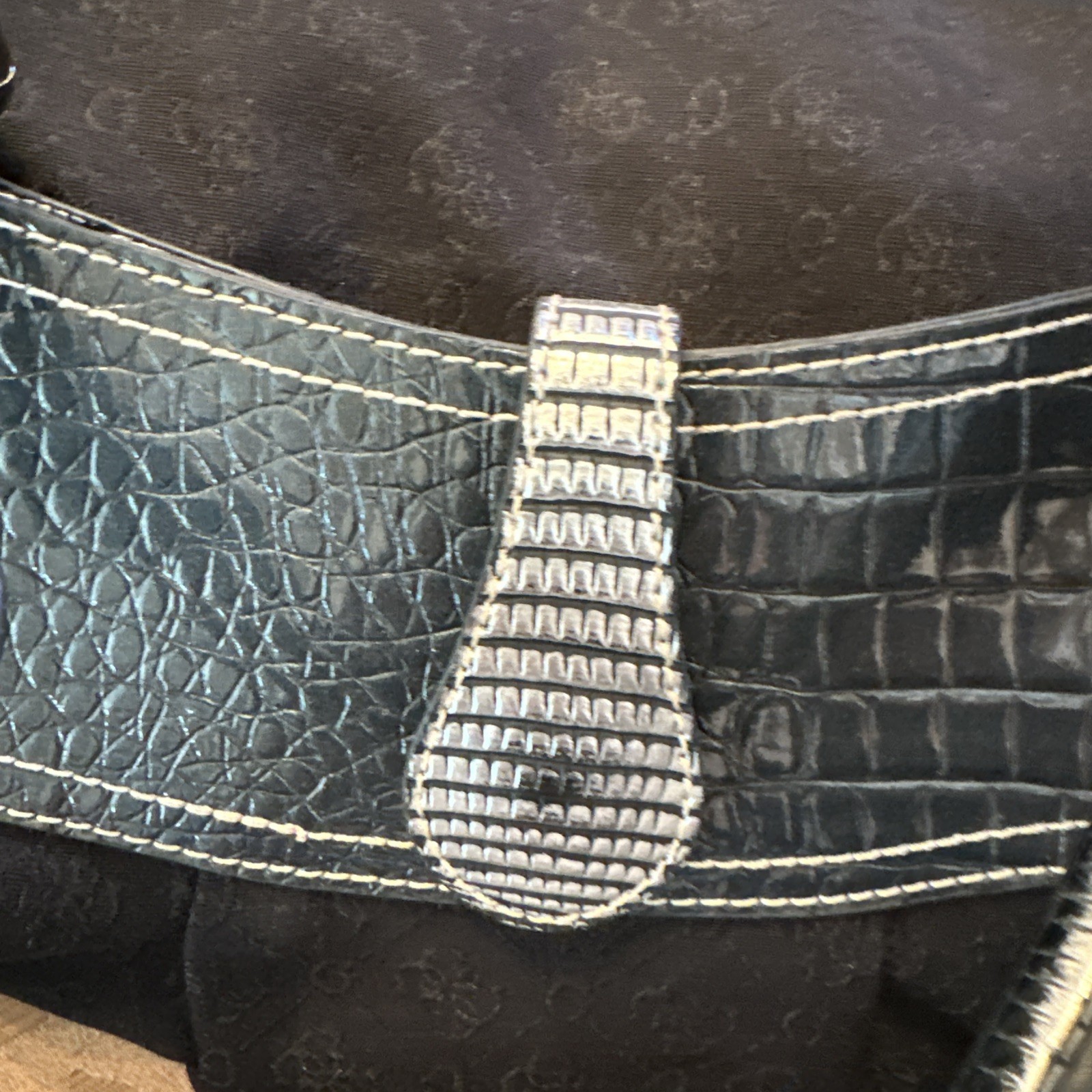 GUESS Large Black Monogram Fabric Silver Croc Trim G Logo Hobo Shoulder Bag