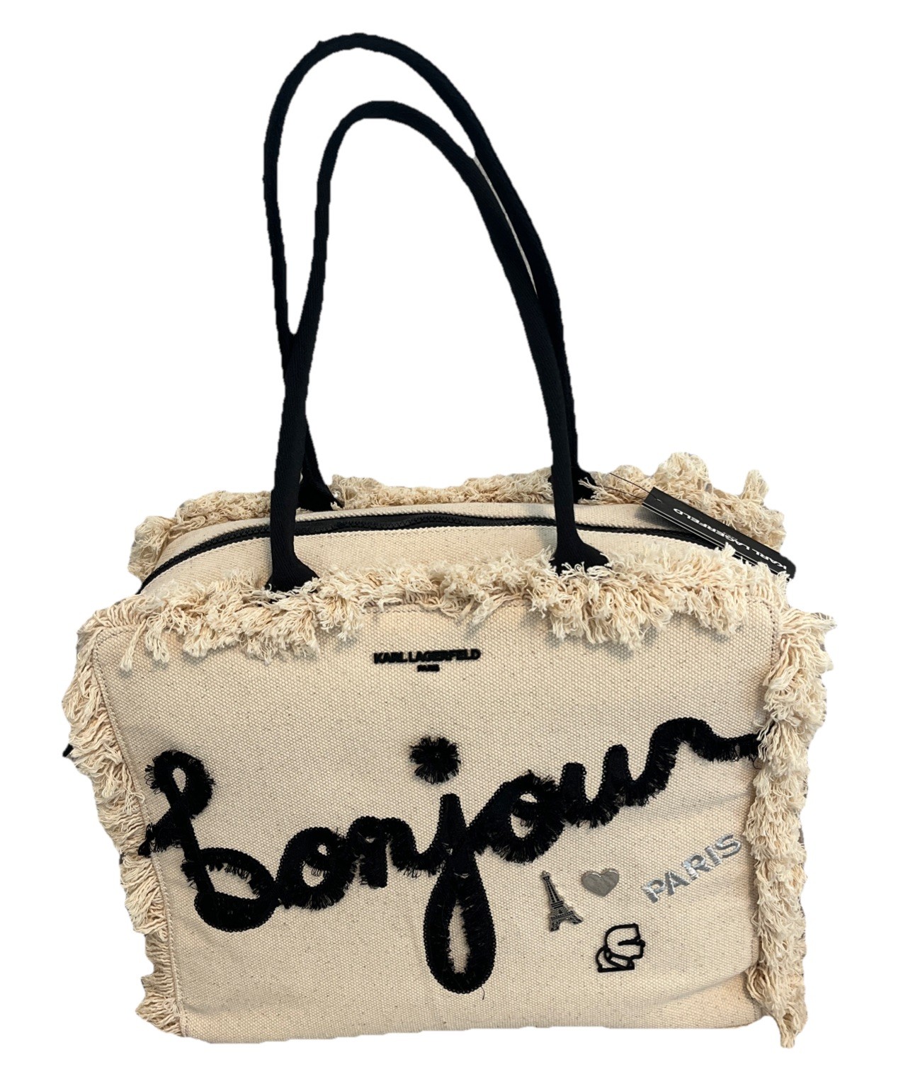 Large KARL LAGERFElD PARIS Bonjour Natural & Black Fringe Canvas Tote Bag/Purse