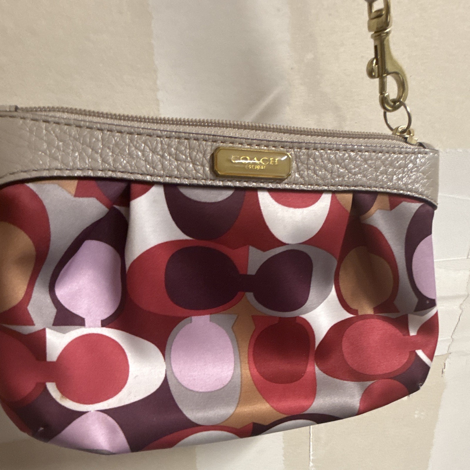 Coach Multicolor Logo Pattern Zip Wristlet Clutch Wrist Strap Gold Hardware
