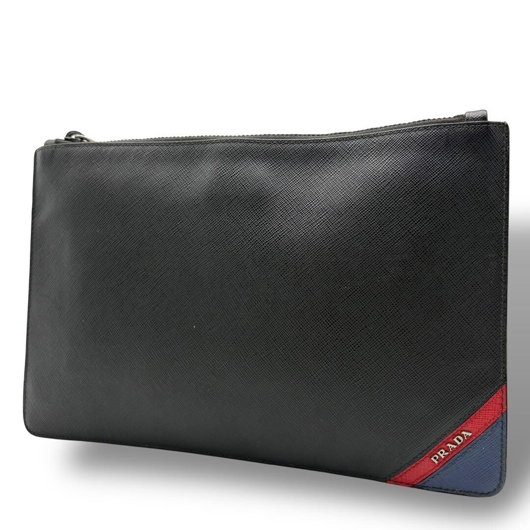 Prada Saffiano Leather Black Clutch Bag Men Zip Logo 27.5cm x 18cm Auth