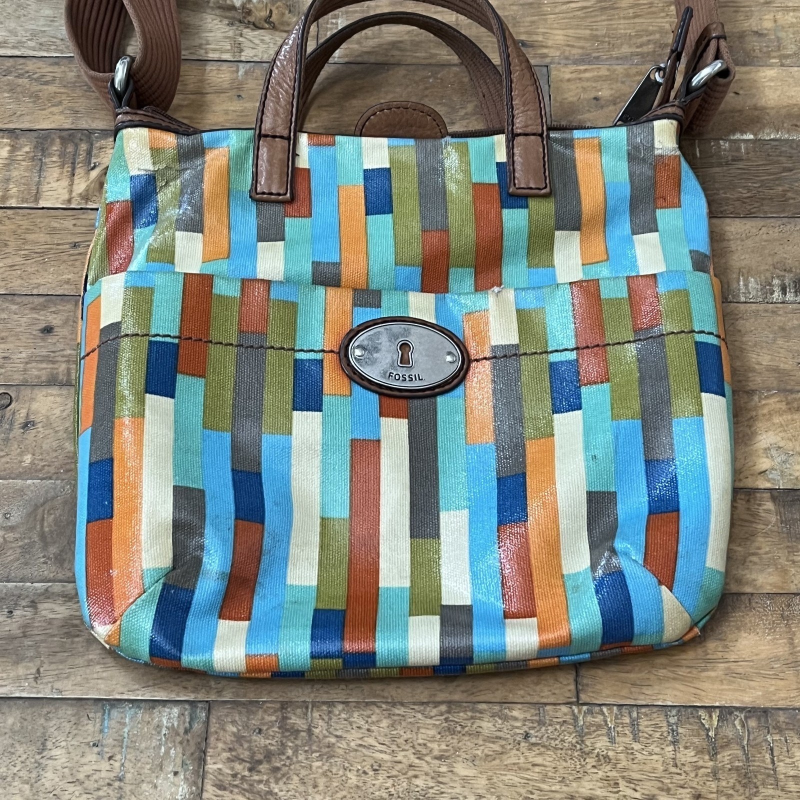 Fossil Key-Per HandBag Crossbody 10.5 in Tall Multi-Colored Geometric Colorblock