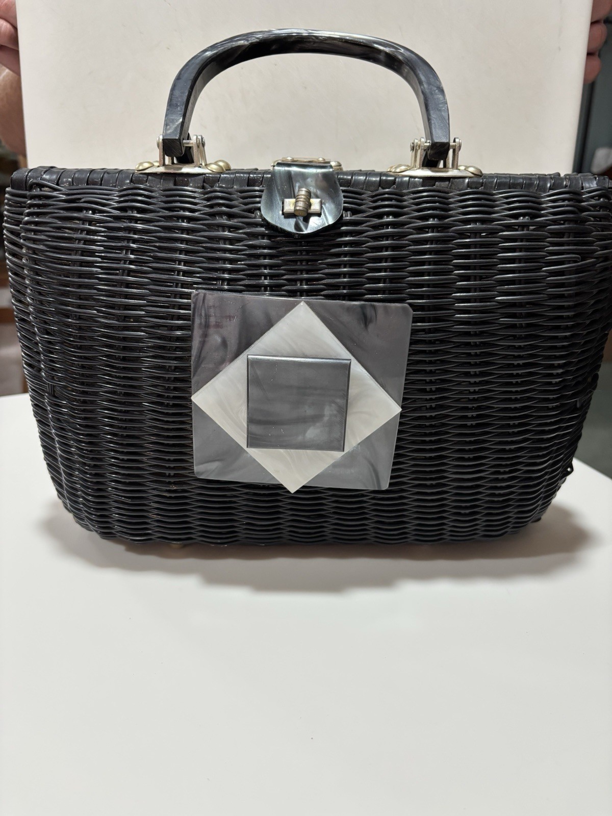Vintage Black Wicker Purse Circa 1950s