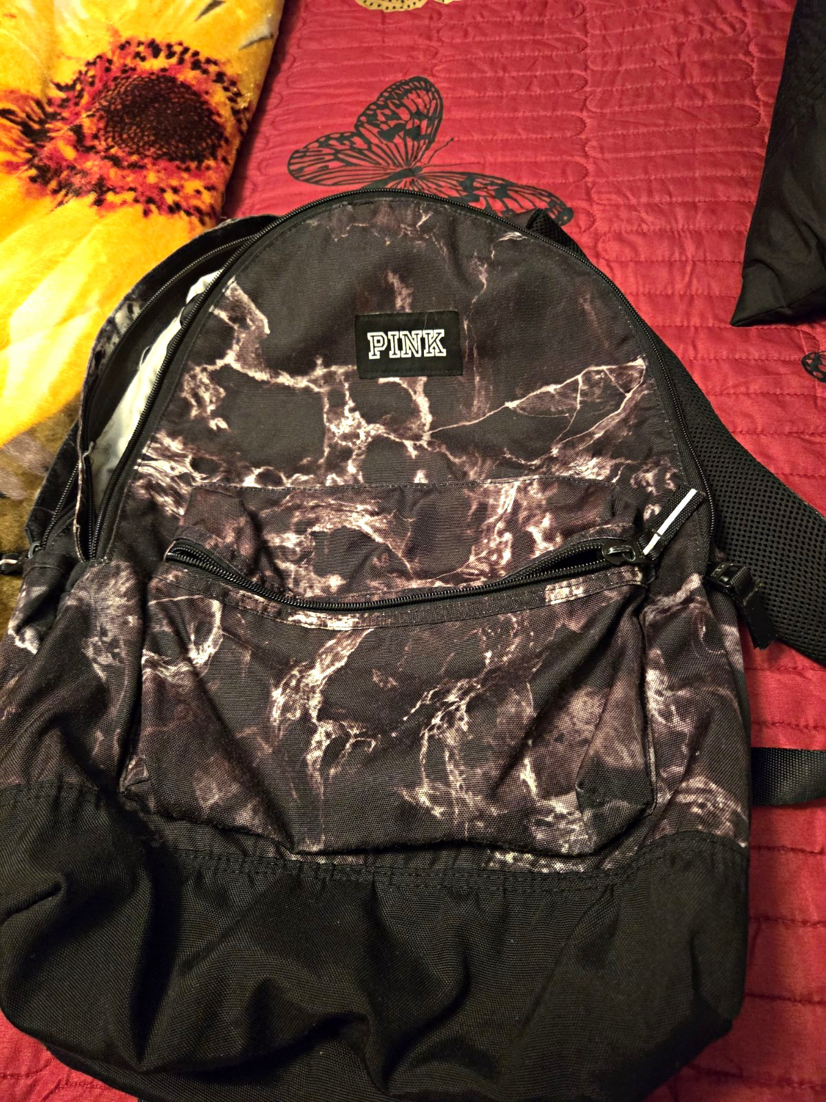 PINK Black Gray Marble Print Backpack Front Zip Pocket Adjustable Strap Logo