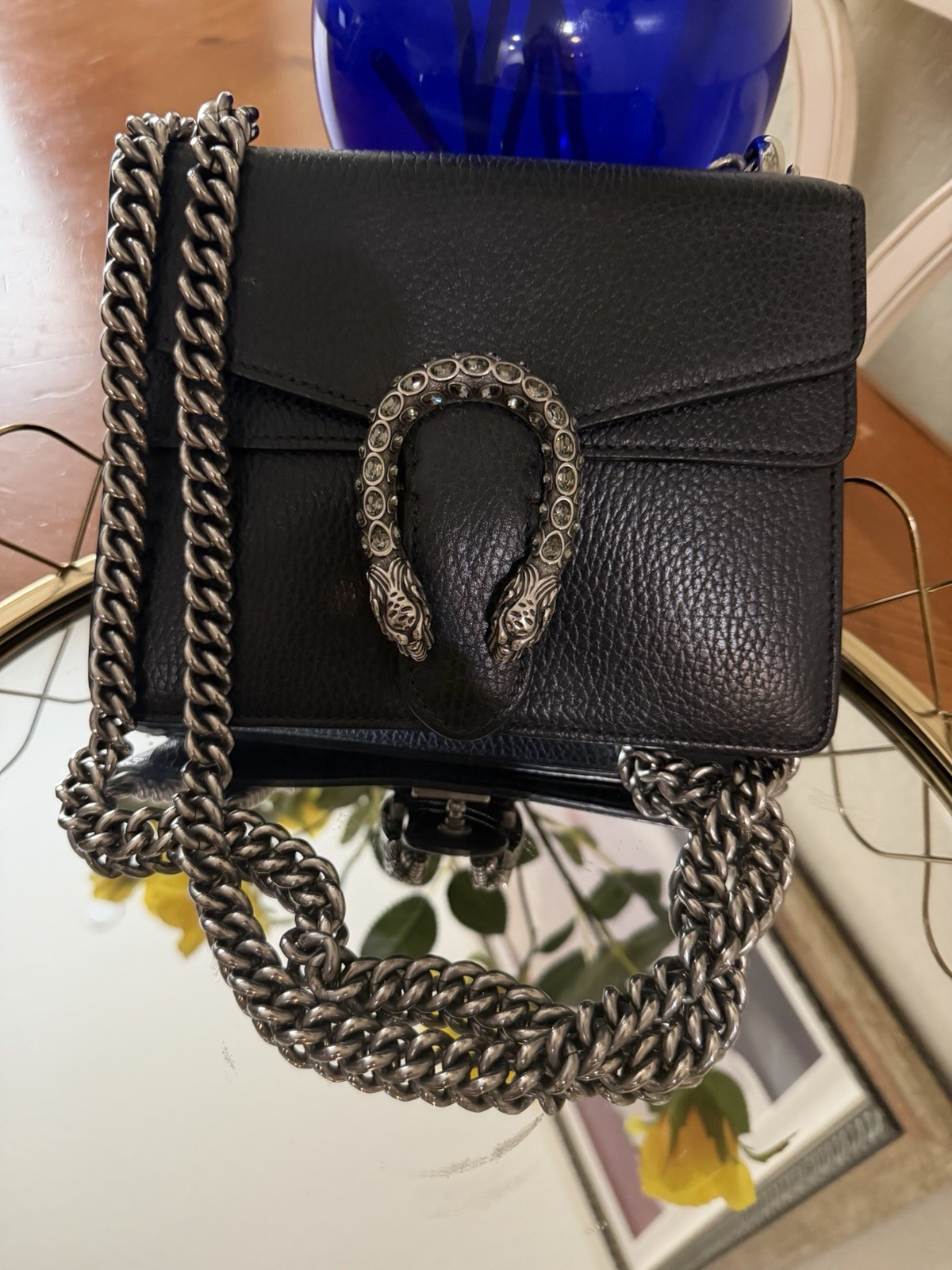 Gucci Dionysus Black Small Shoulder Bag Pebbled Finish Chain Strap Silver