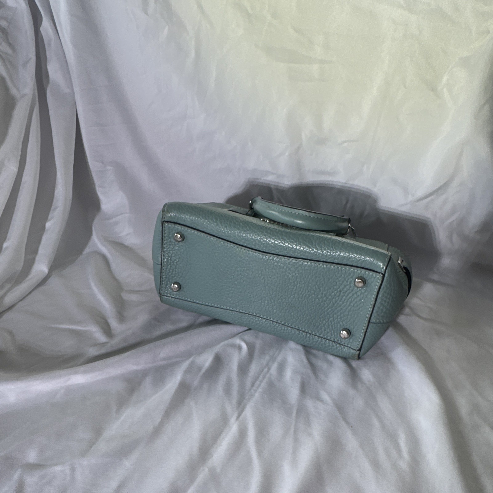 Coach Light Blue Pebbled Leather Satchel, Zip, Silver Hardware, Pockets, Studs