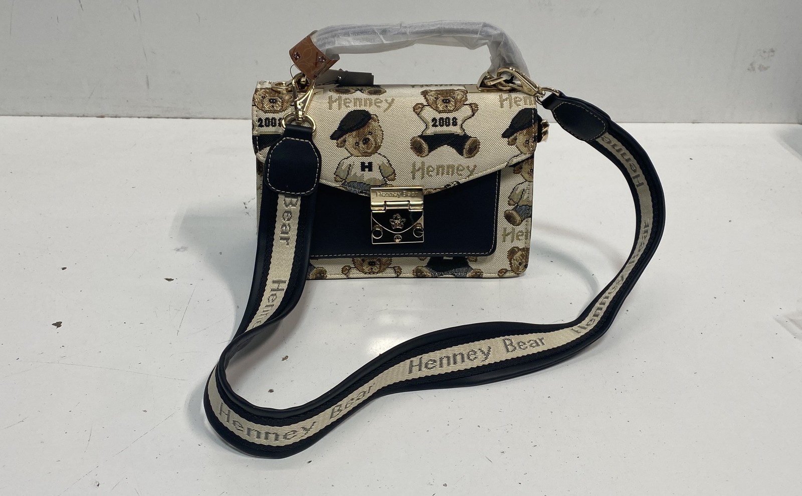 Henney Bear London Beige Black Teddy Bear Tapestry Crossbody Satchel Bag NWT