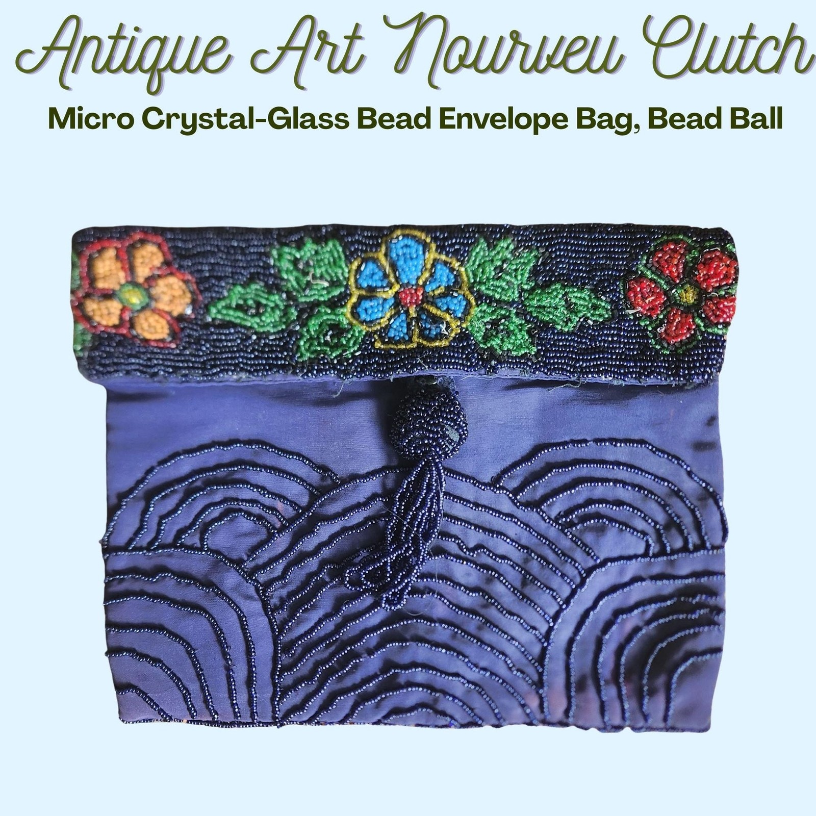 Antique Art Nouveau Microbead Handbag | Colorful Floral Envelope Clutch Purse