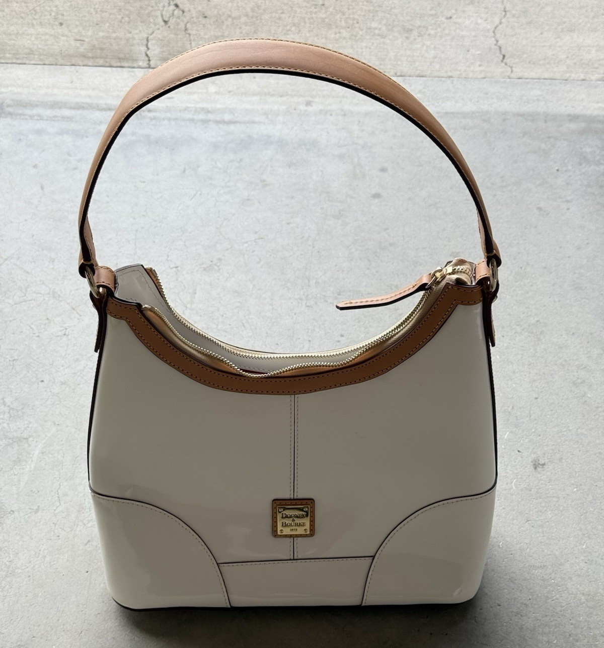 Dooney & Bourke Patent Zip Shoulder Bag White/Tan, Gold Hardware, Red Lining
