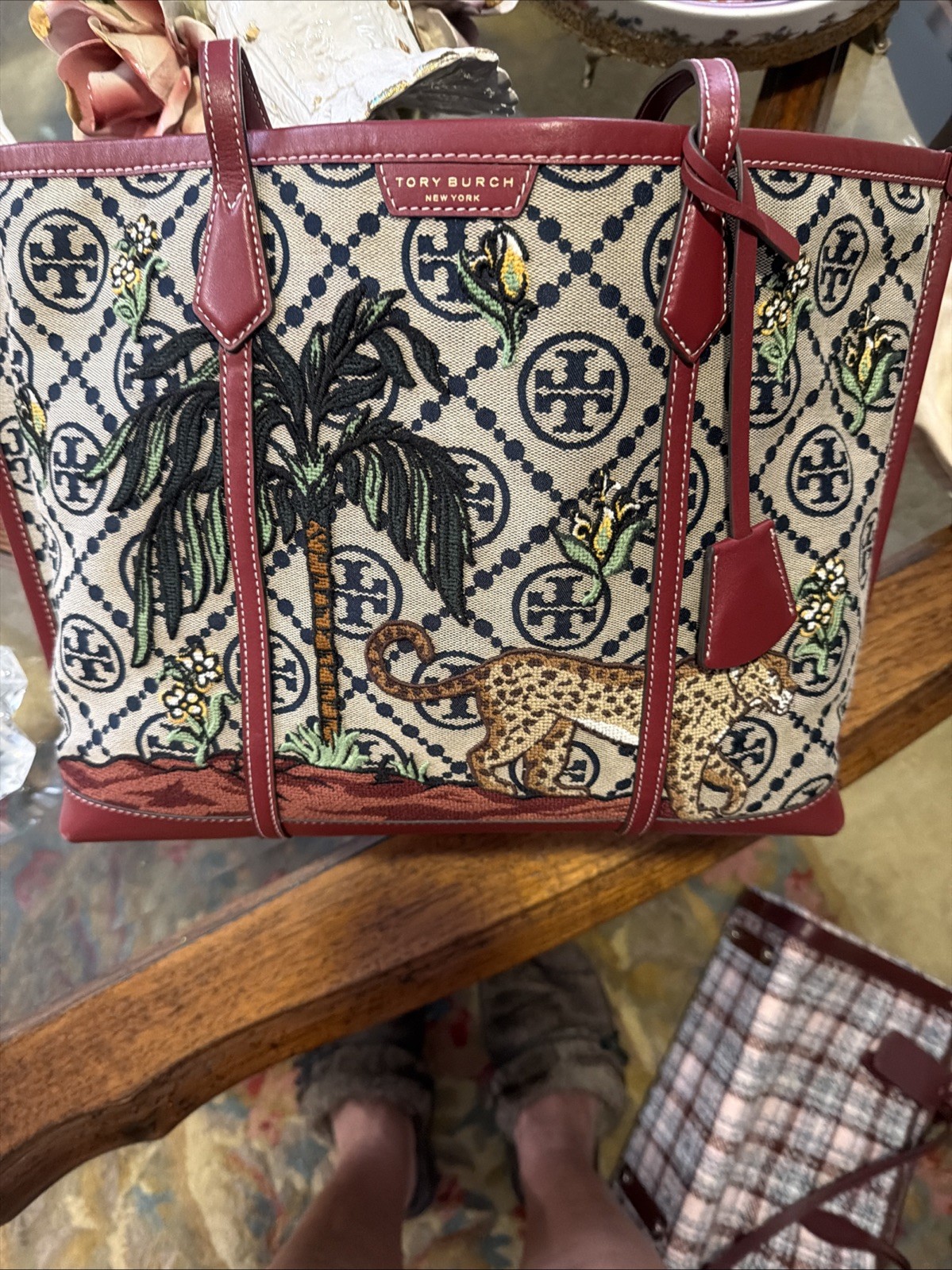 Tory Burch Perry Monogram Jacquard Embroidered Cheetah Triple-Compartment Tote