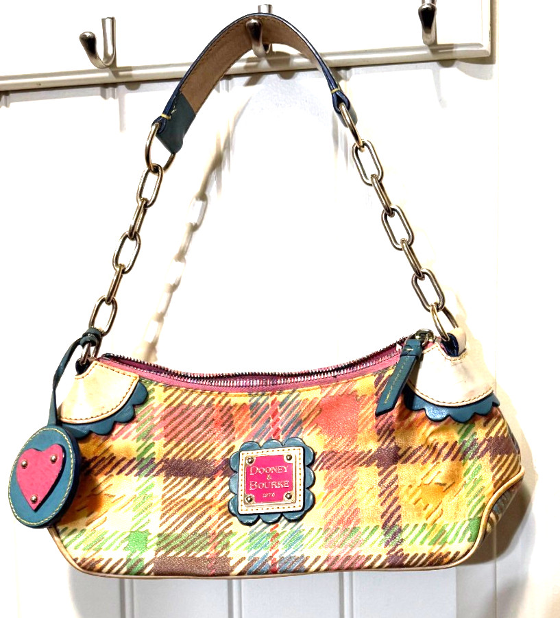 Vintage Y2K Dooney Bourke Plaid Canvas Small Shoulder Bag Scalloped Heart Charm