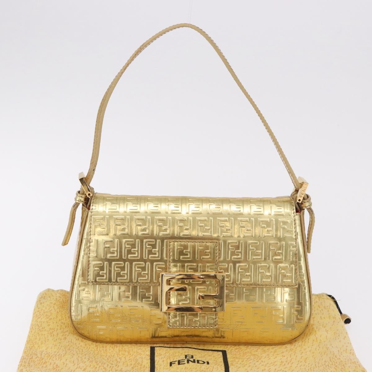 FENDI Zucchino Canvas Mamma Baguette Shoulder Bag Leather Gold Auth 184388M