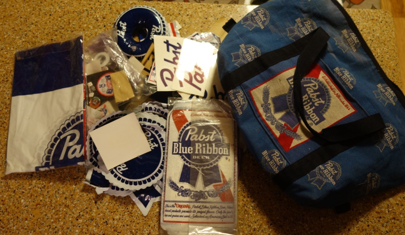 PBR PABST BLUE RIBBON LARGE Cross Canvas Bag of Swag Stickers Patches Floaties