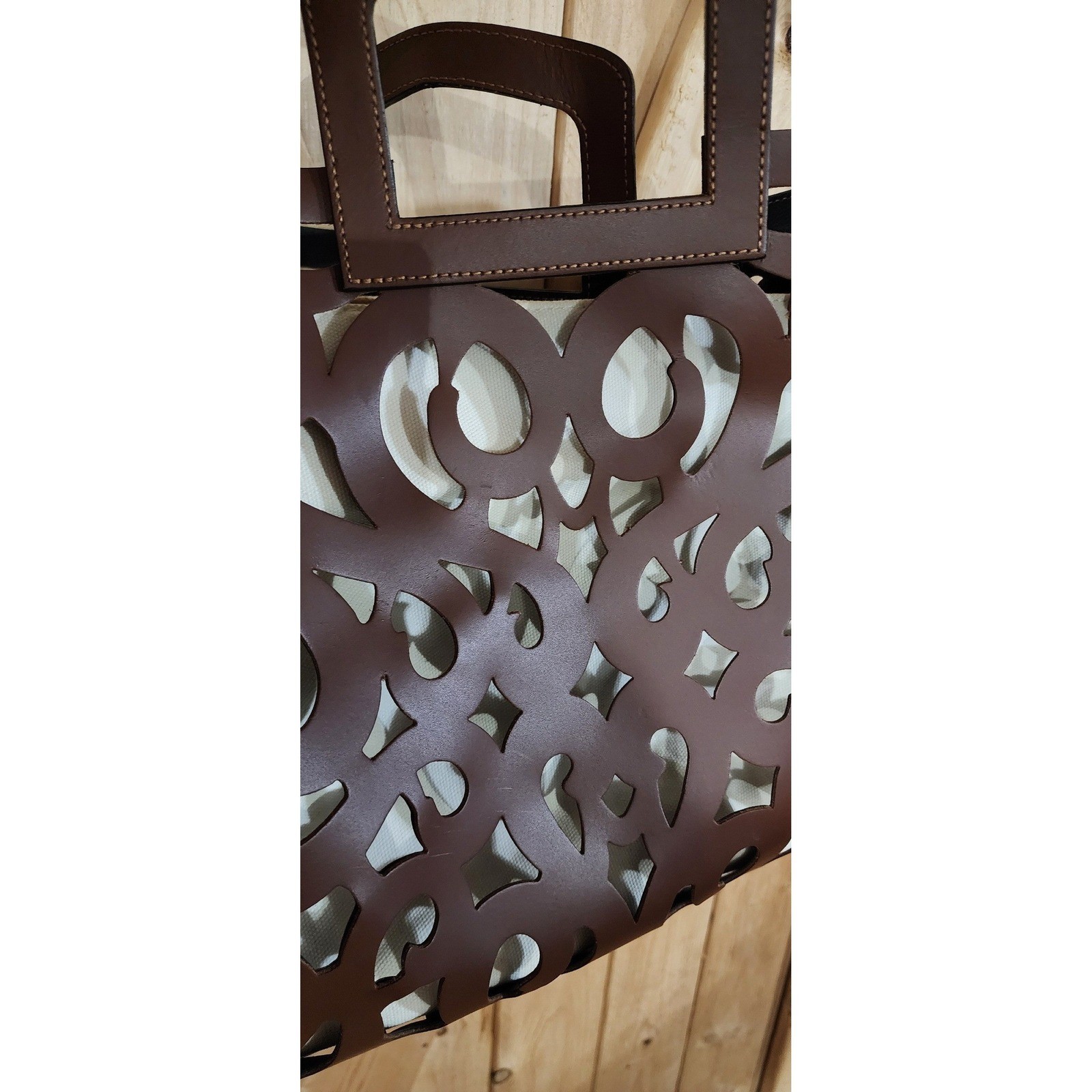 A. Bellucci Italy Brown Leather Laser Cut Tote Bag Guitar Strap Tassel Handbag