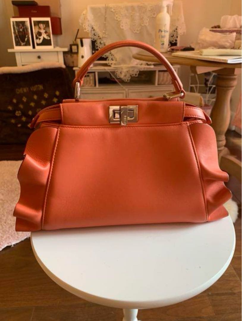 FENDI Peekaboo Medium Orange Leather Ruffle Side Handbag Silver Hardware Japan