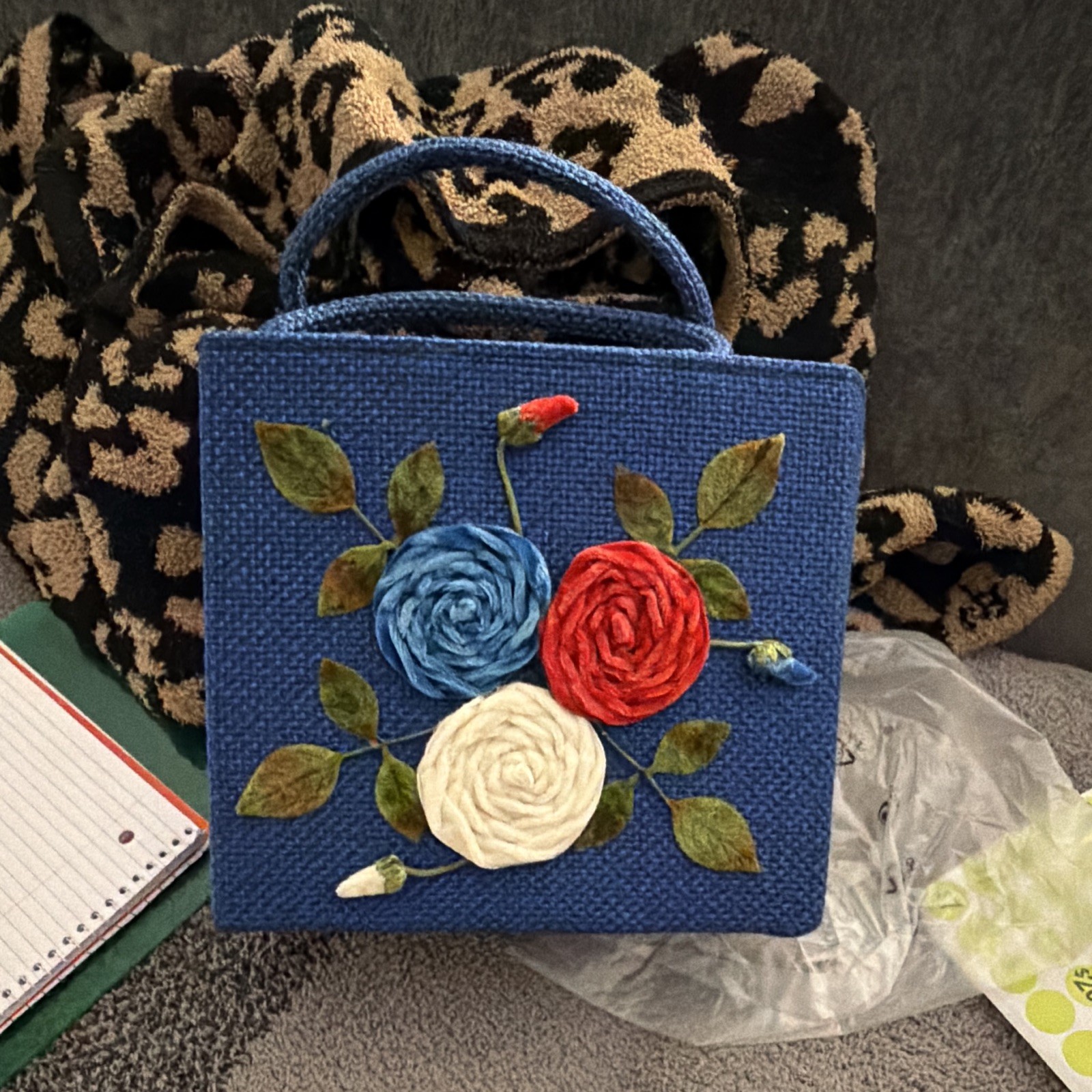Blue Woven Straw Floral Embroidered Women’s Top Handle Handbag, Rectangle