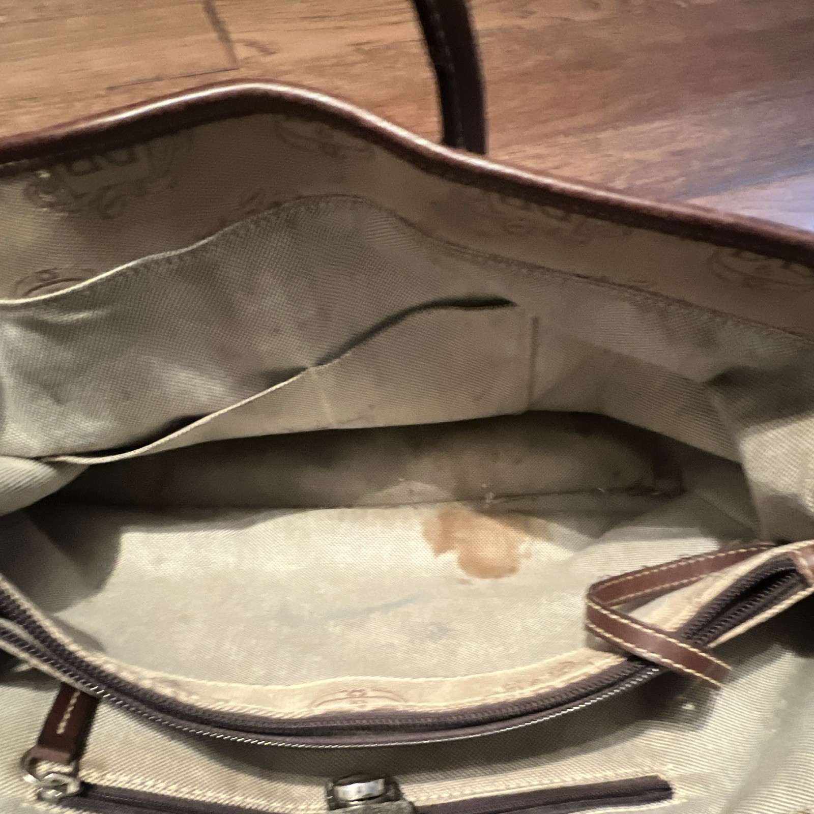 Dooney & Bourke Beige Brown Logo Satchel Zip Detachable Crossbody Strap Pockets