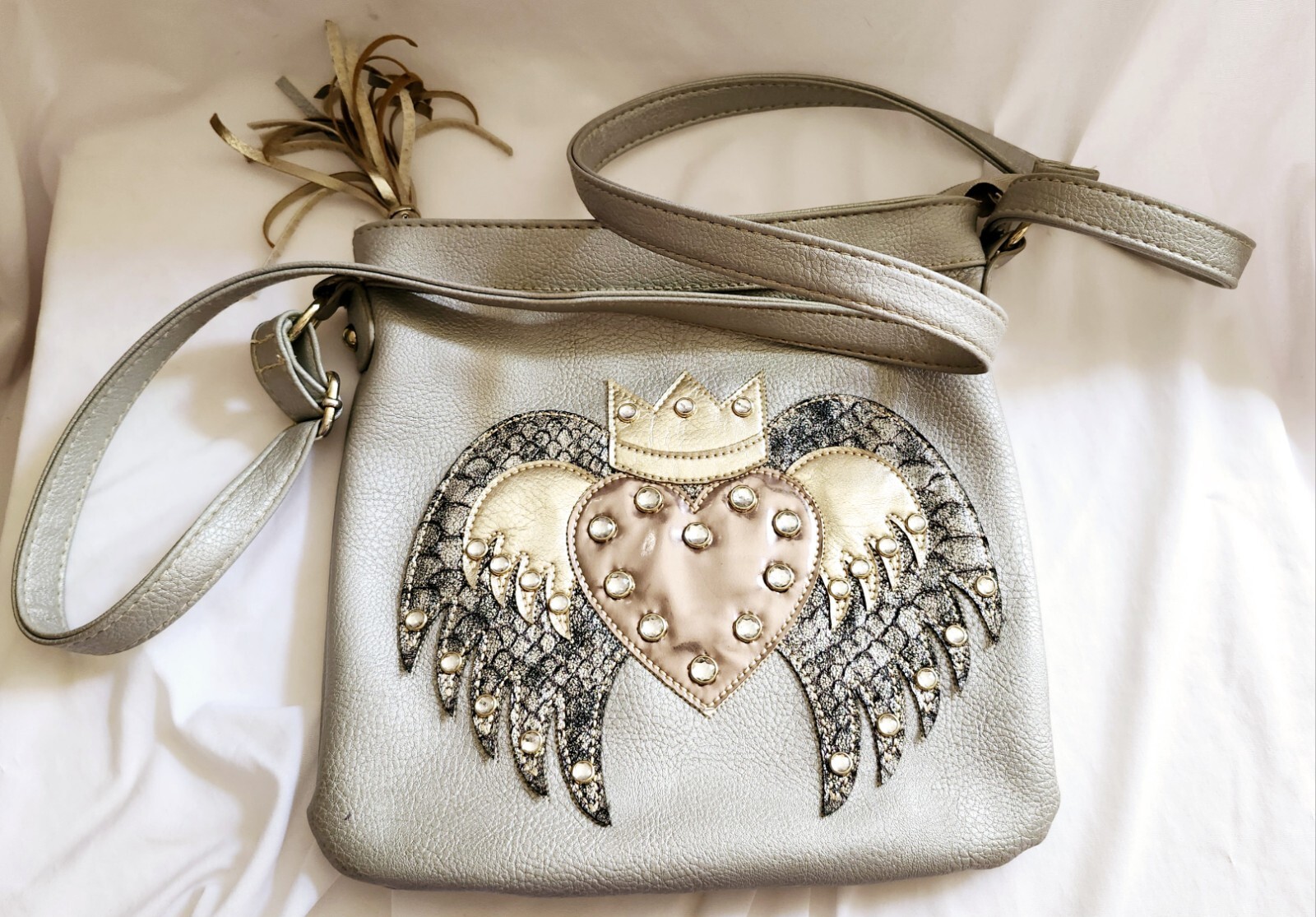 Angel Sacred Heart Silver Gold Tone Rhinestone Crossbody Purse Bag Faux Leather