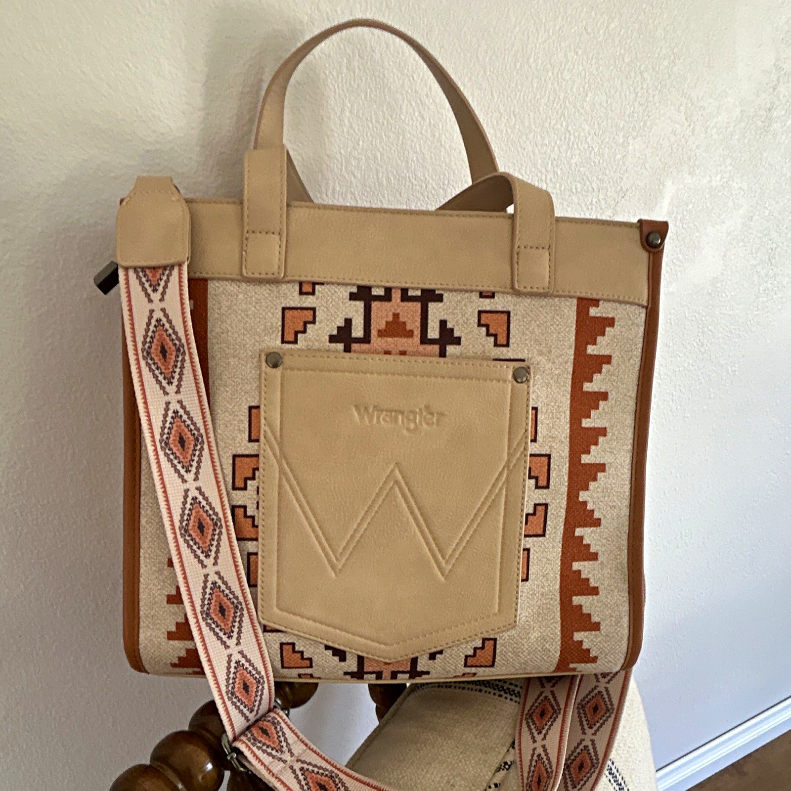 Wrangler Western Aztec Tote Bag, Zip Closure, Detachable Strap, Medium, Beige
