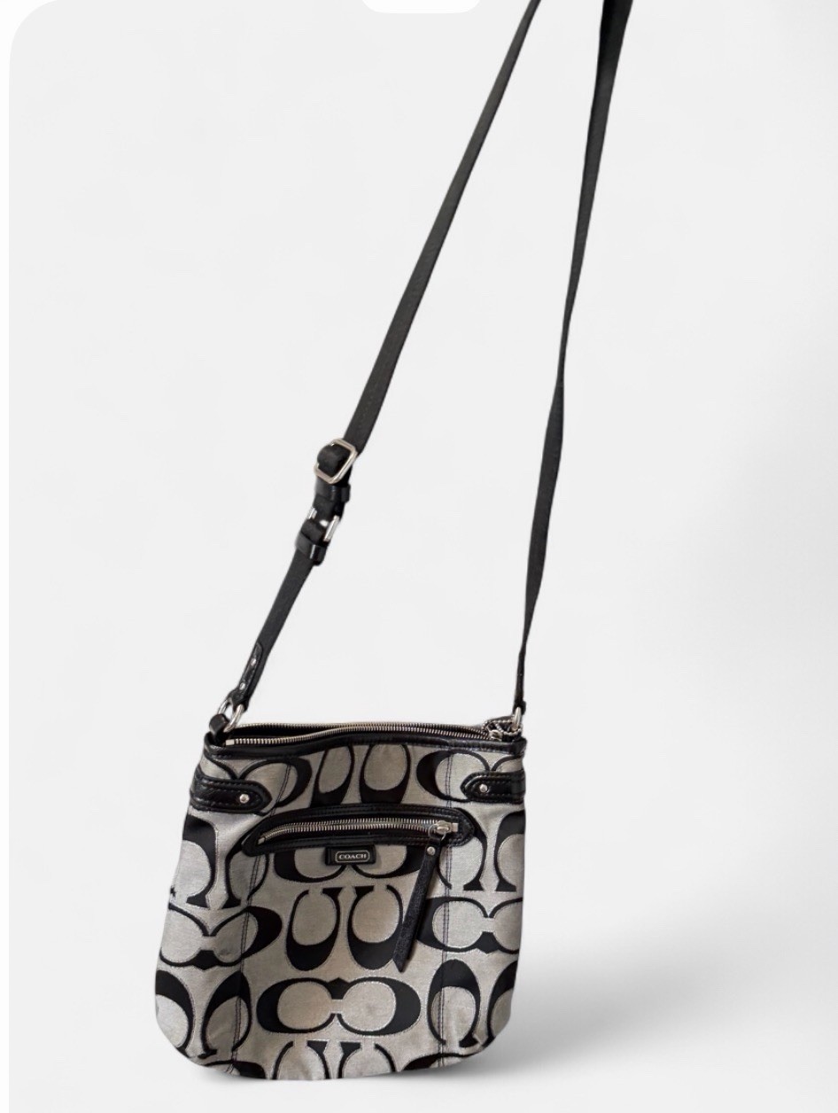 Coach Signature Logo Gray Black Metallic Crossbody Bag Zip Closure