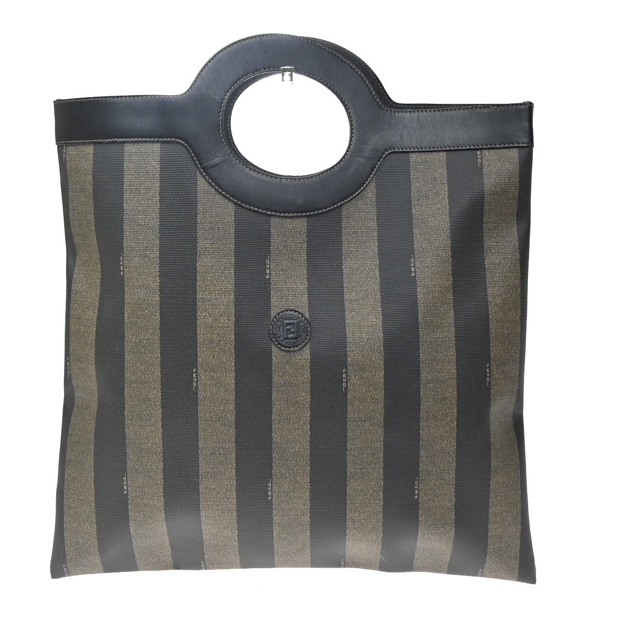 FENDI Logo Pequin Hand Tote Bag PVC Leather Khaki Black 68KD557
