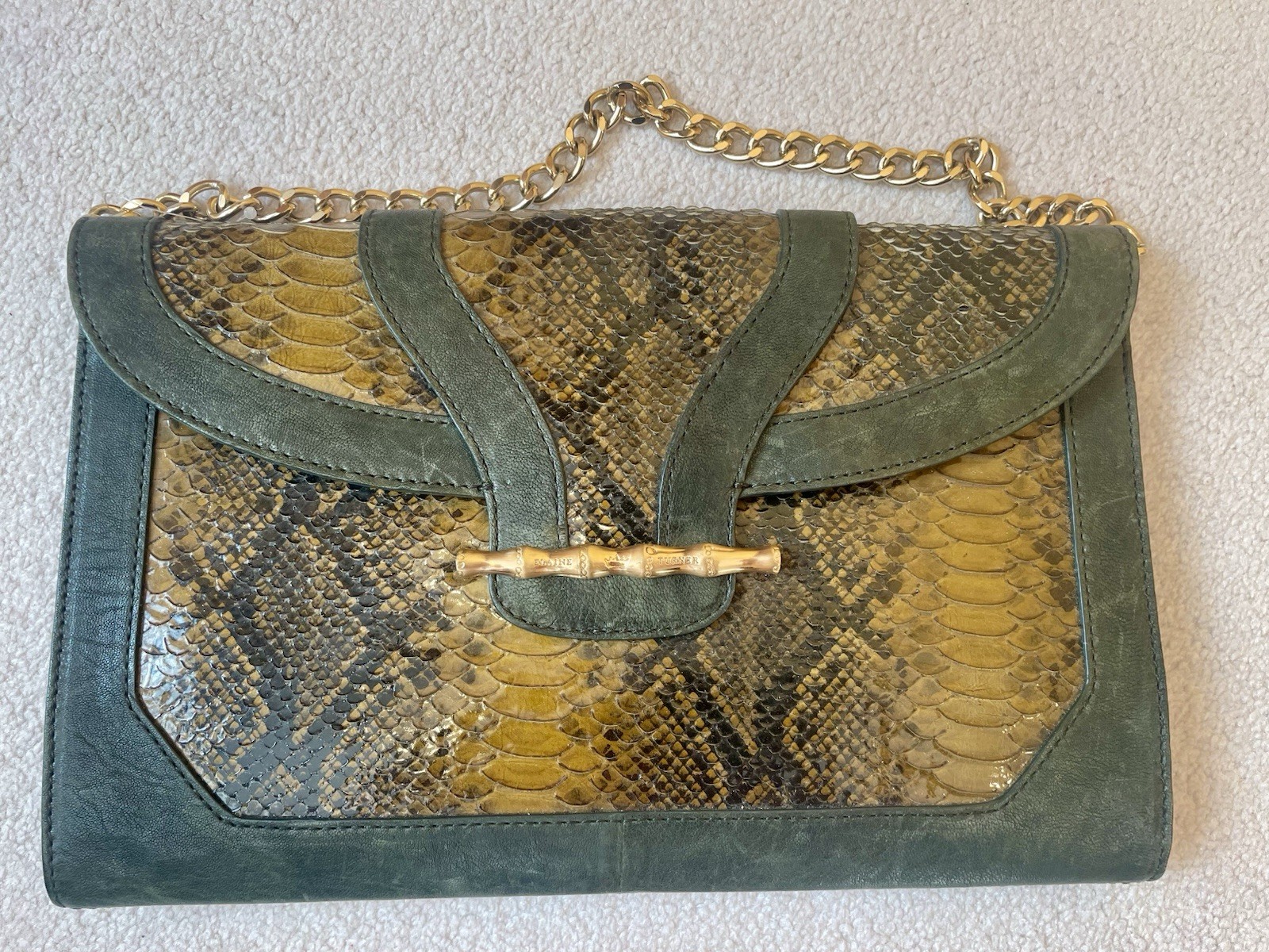 New Elaine Turner Deep Olive Green Leather Bag Clutch Snake Skin Print Gold