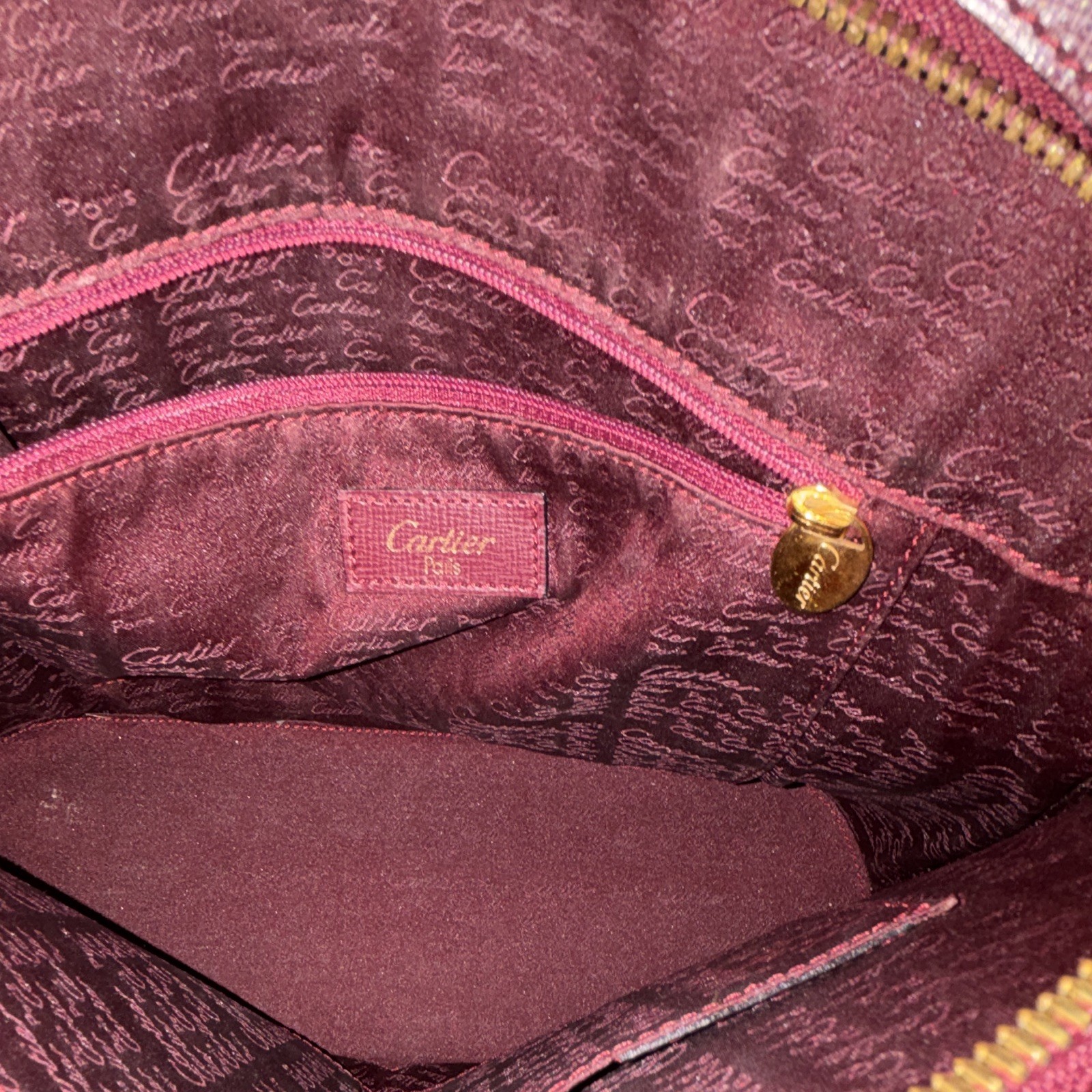 Cartier PARIS Burgundy Logo Crossbody Bag Zip Top Gold Hardware Adjustable Strap
