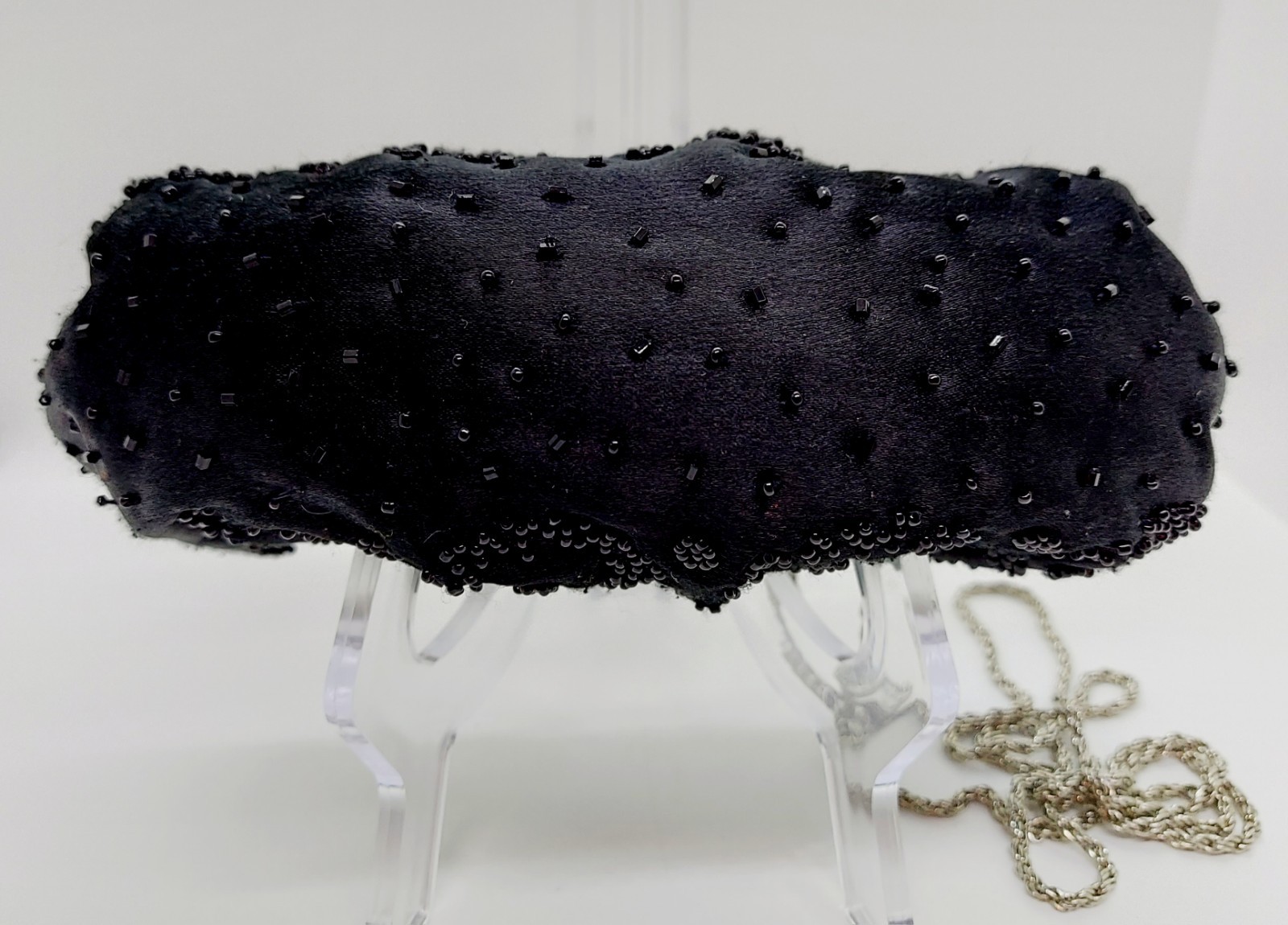 La Regale Black Satin Beaded Convertible Evening Clutch Bag With Chain Strap