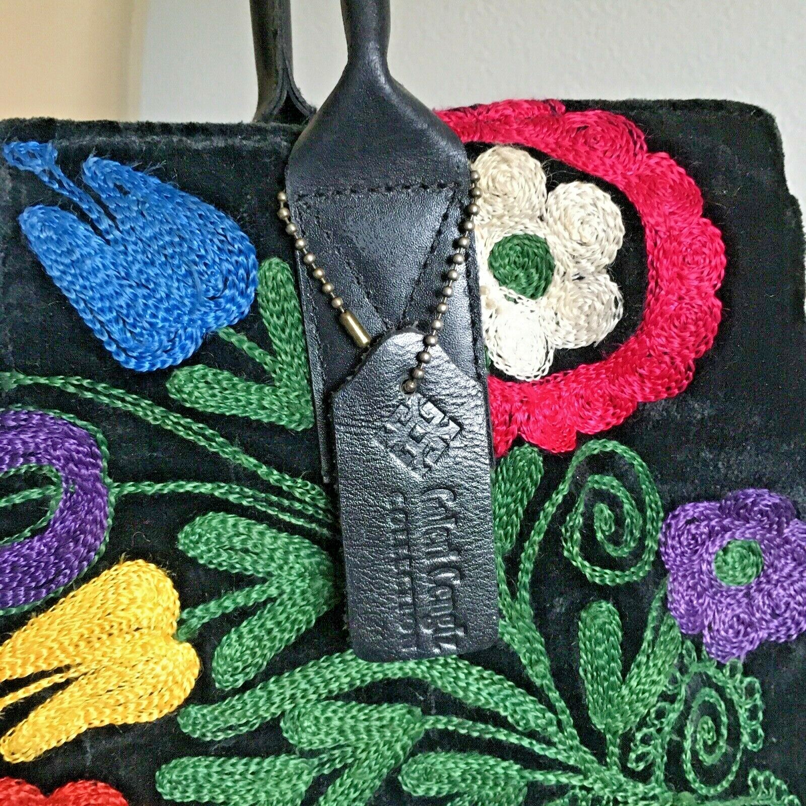Colorful Embroidered Shoulder Hand Bag Velvet Leather M 14X11X3 Drop 9in