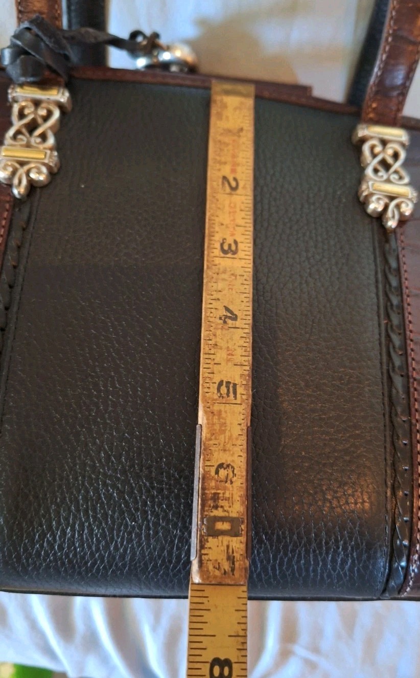 Vtg BRIGHTON Black Pebbled/Brown Croc Leather Purse Shoulder Bag Woven Handles