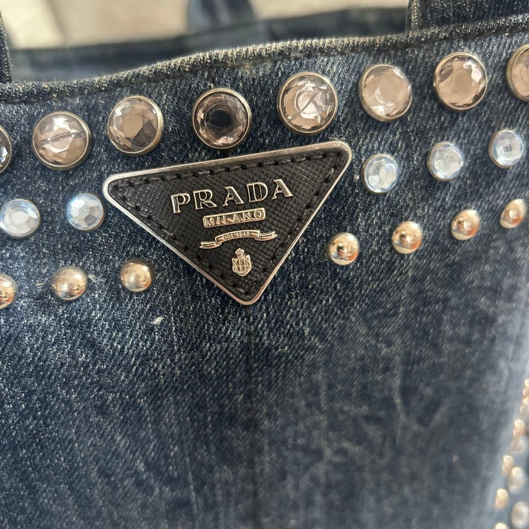 Auth PRADA Canapa Tote Bag Indigo Blue Navy Triangle Logo Denim Studs Women’s