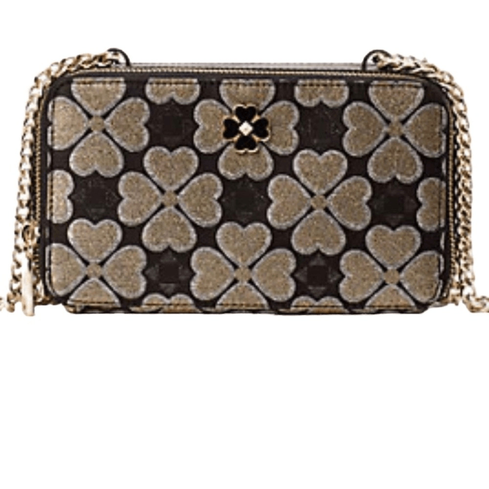 Kate Spade Odette Jacquard Chain Crossbody Bag Black Gold Glitter Logo Purse