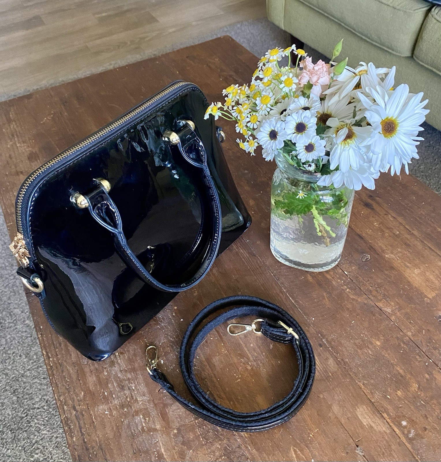 Medium Size Black Patent Leather Purse With Gold Tone Accents