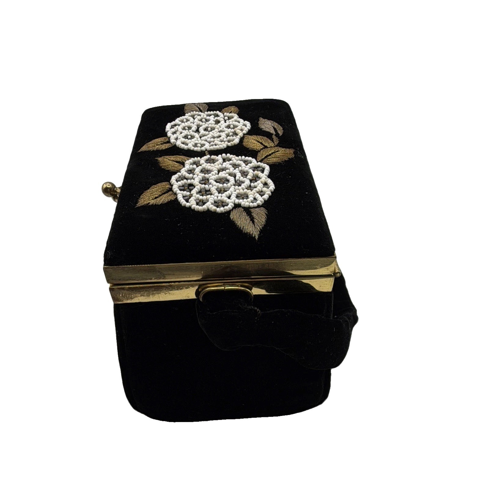 Women’s Black Floral Embroidered Box Top Handle Bag Latch Closure Lined Mirror