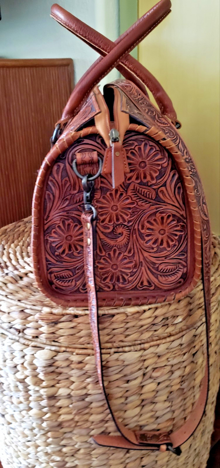 Chestnut Brown Hand-Tooled Leather Duffle Bag with Detailed Floral Design