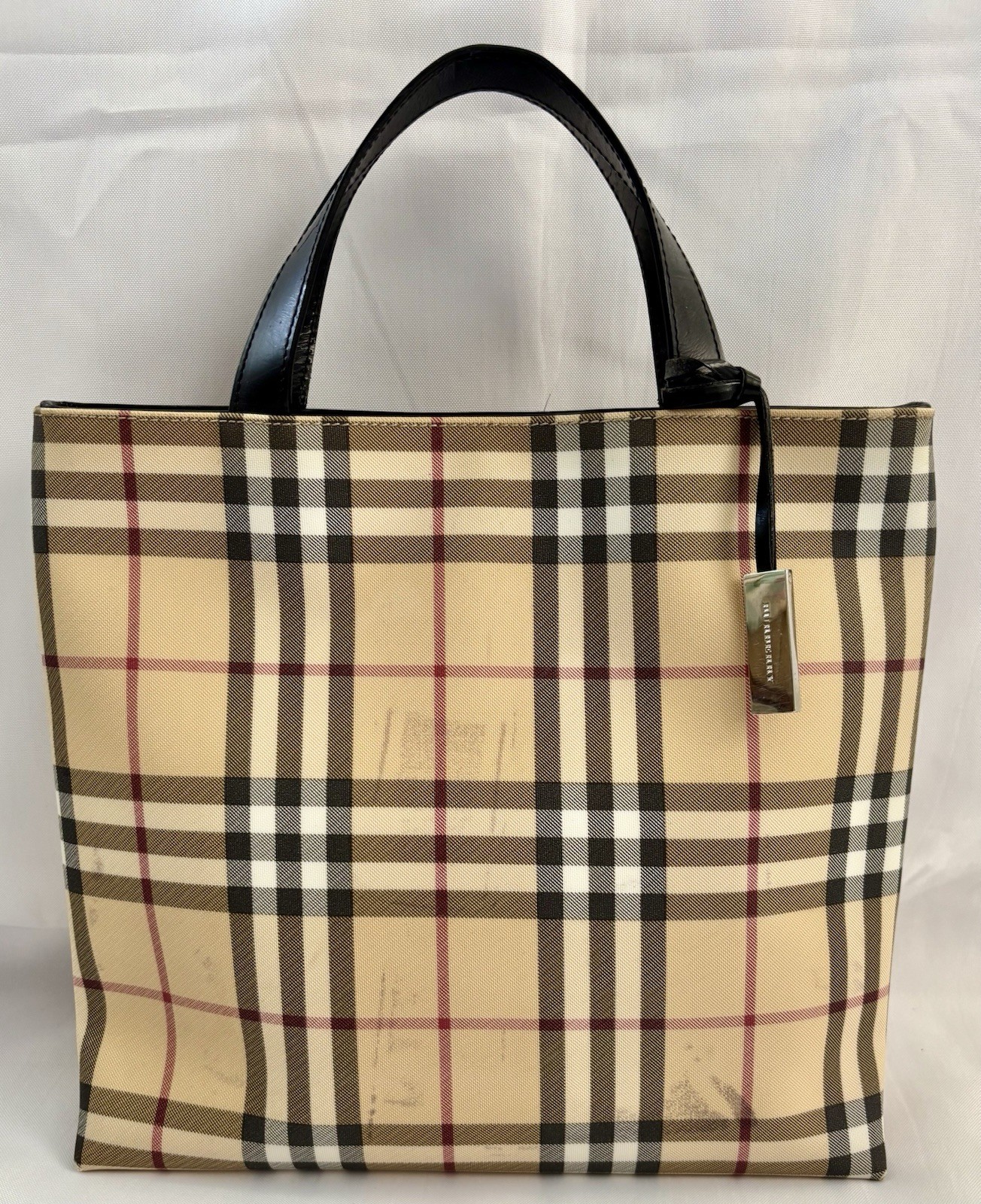 Vtg Burberry London Women’s Nova Check Beige PVC Tote Handbag