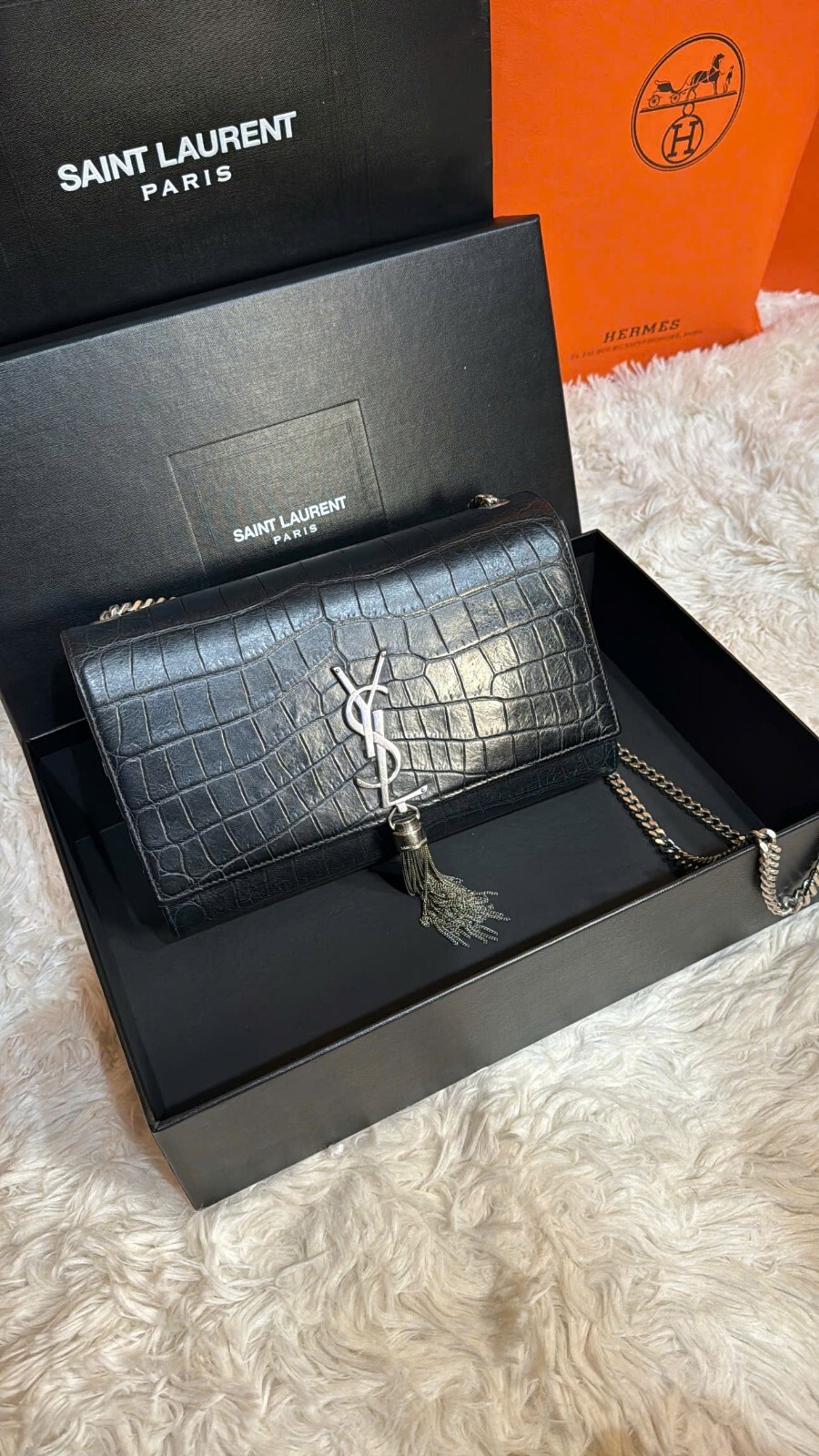 Yves Saint Laurent Kate Bag Handbag Monogram Croc Embossed Tassel (BLACK)
