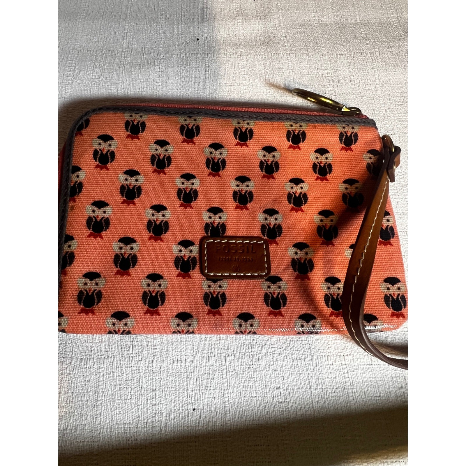 Fossil Key-Per Owl Print Coated Canvas Wristlet Pouch Coral Orange Wallet