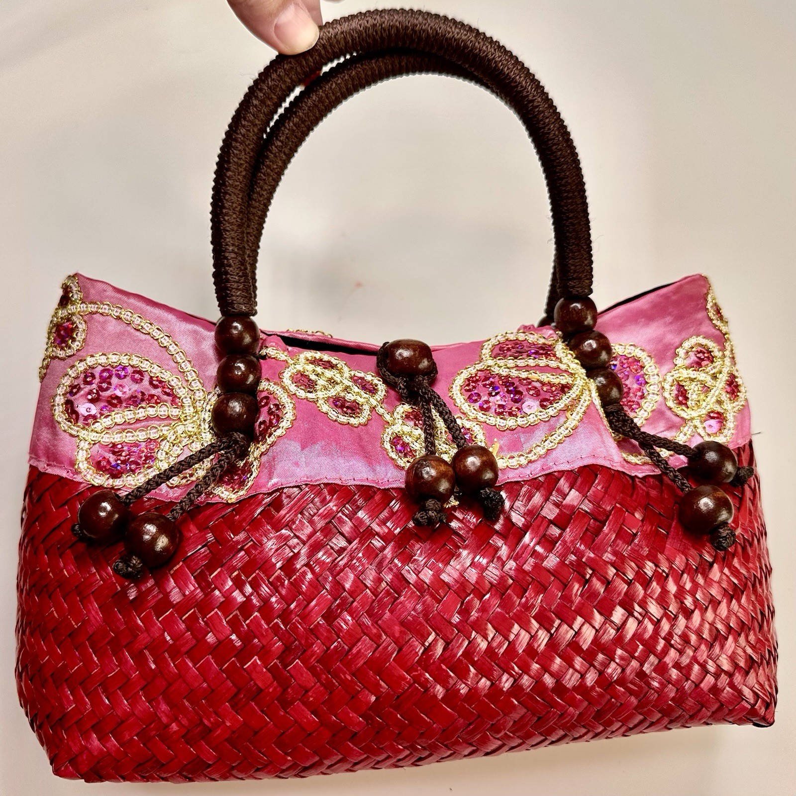 Red Woven Handbag Pink Beaded Embroidery Wooden Handle Boho Asian Style Purse