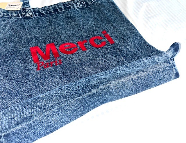 Authentic Merci Paris Boutique L Denim Cotton Tote Market Shopping Bag Blue Red
