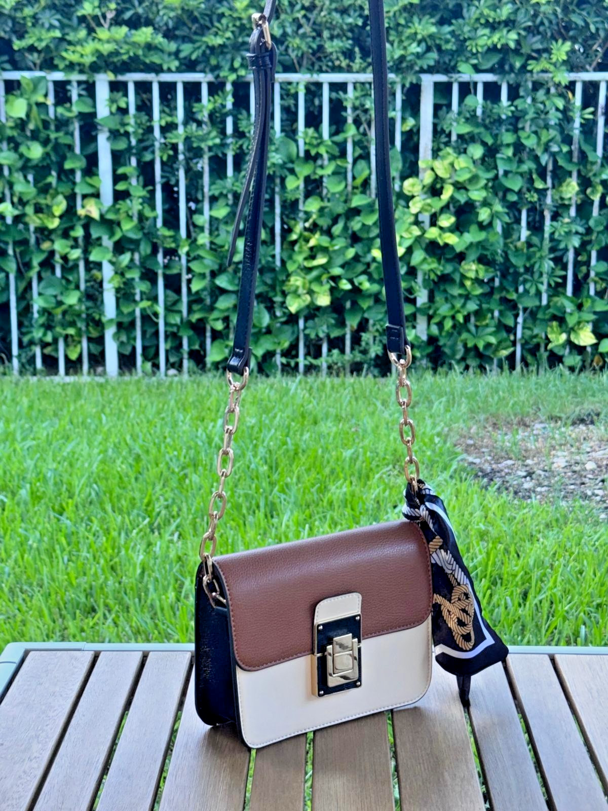 ALDO Black, Tan, Black & White Satchel Top Handle Crossbody with Gold Padlock