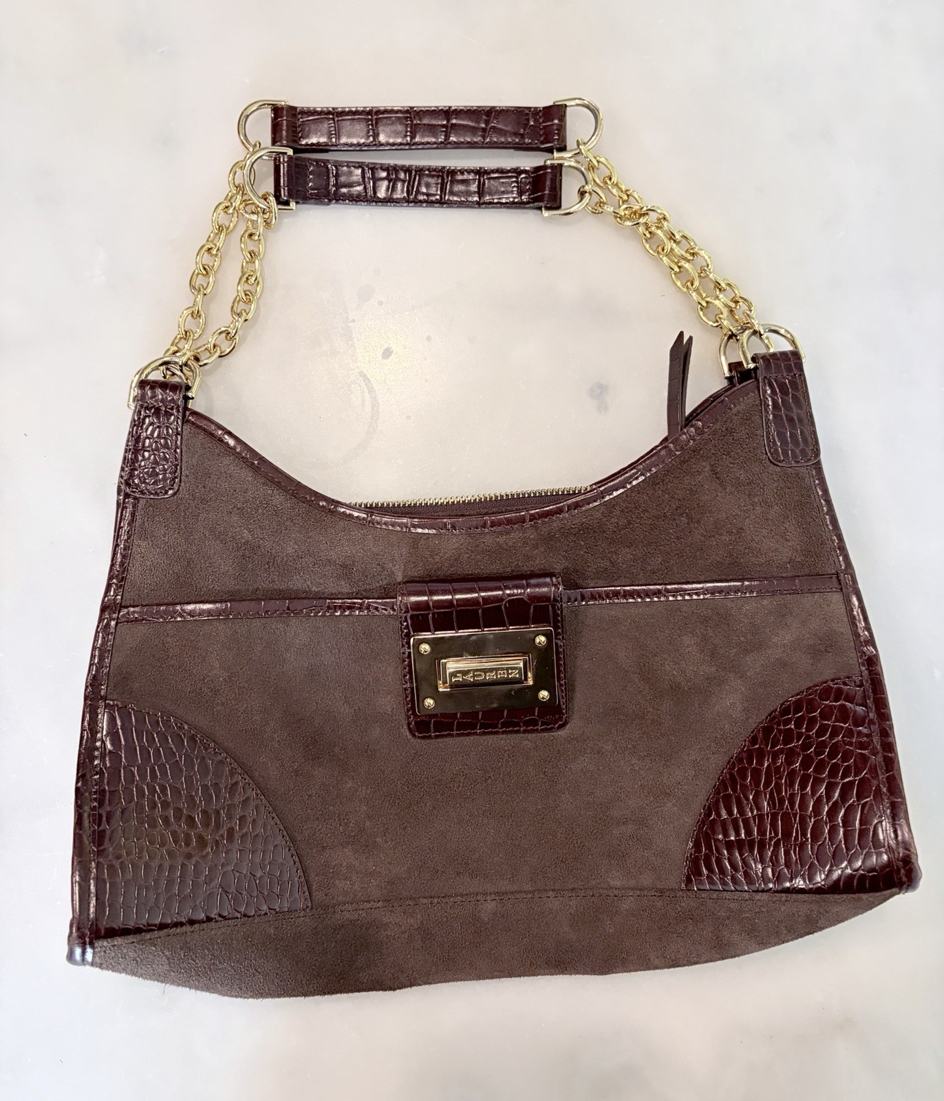 Lauren Ralph Lauren Brown Suede Croc Trim Gold Chain Shoulder Bag Purse