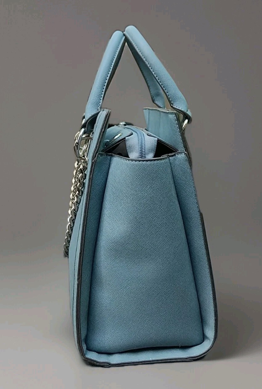 NWOT JustFab Light Blue Satchel Crossbody Tote Chain Handle Polyvinyl Chloride