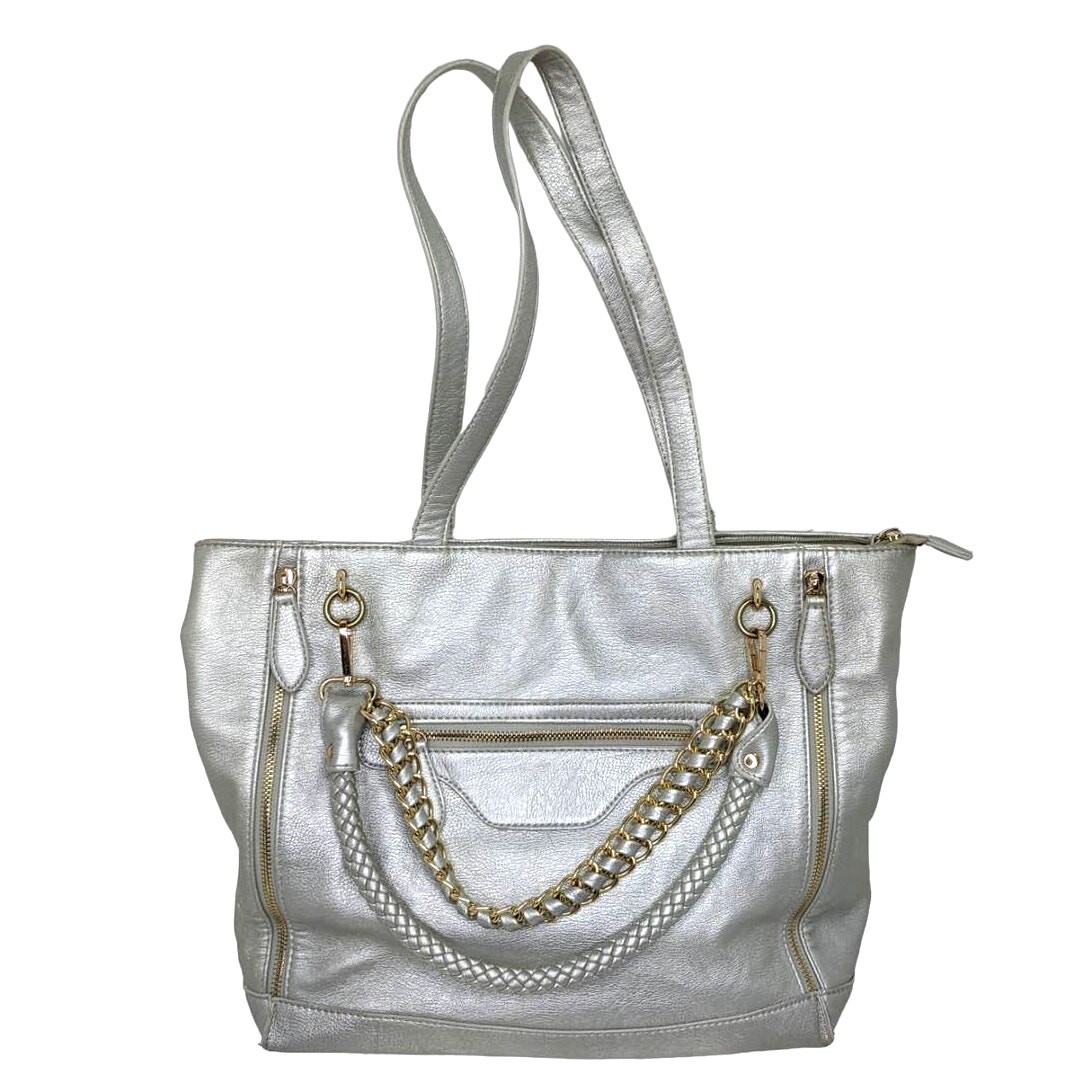 Imoshion Silver Metallic Tote Vegan Faux Leather Purse Braided Gold Chain Bag