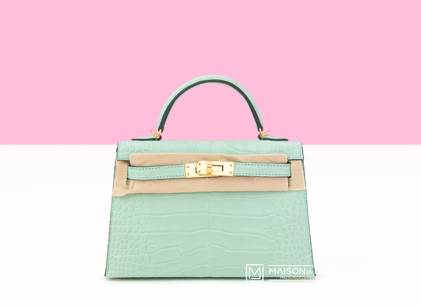 NEW HERMES 6U VERT D’EAU MATTE CROCODILE MINI KELLY II 20 POCHETTE CUT BAG GREEN