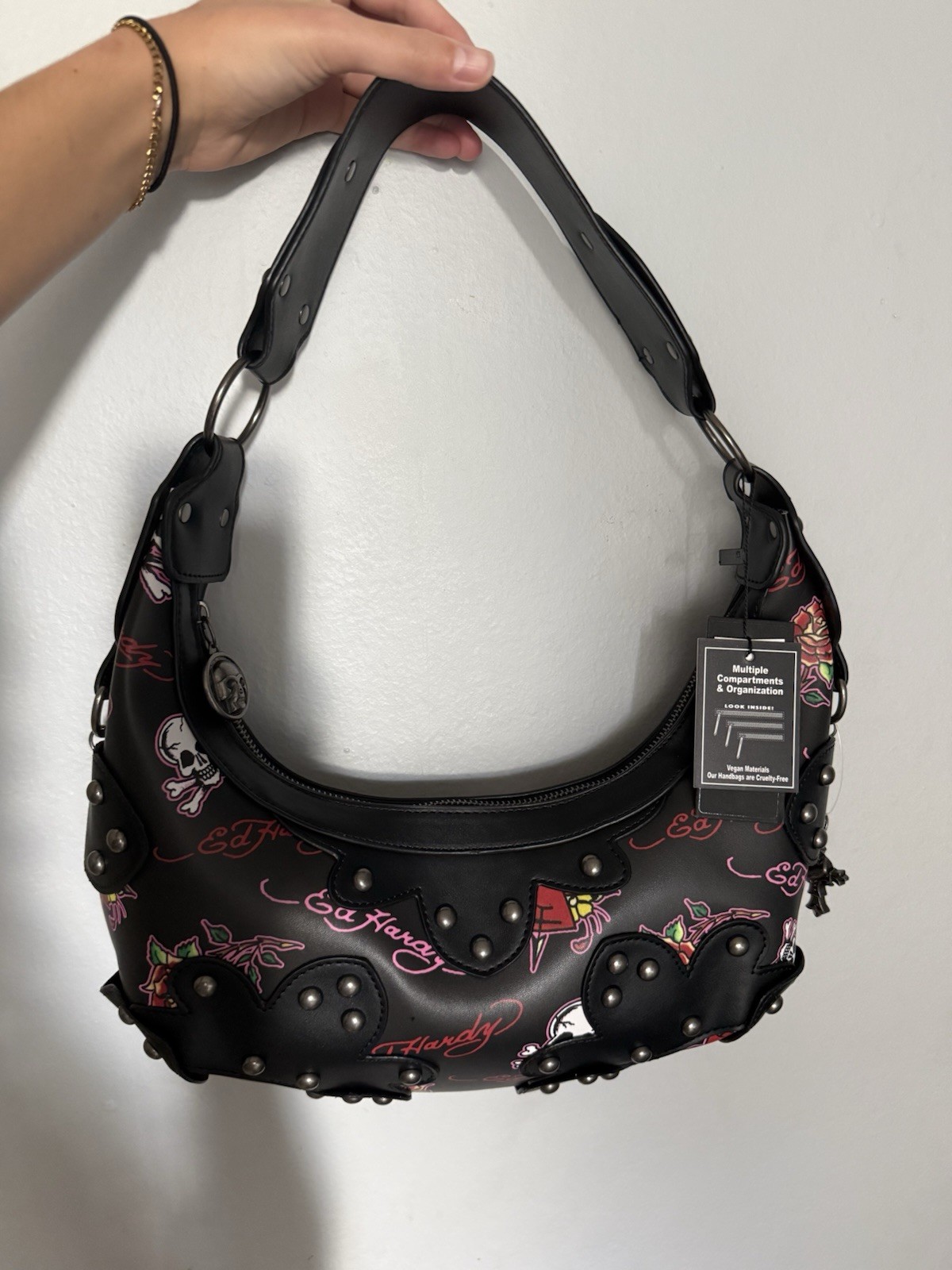 Ed Hardy Edgy Studded Hobo Bag With Wide Strap and Charms, Y2K, NEW