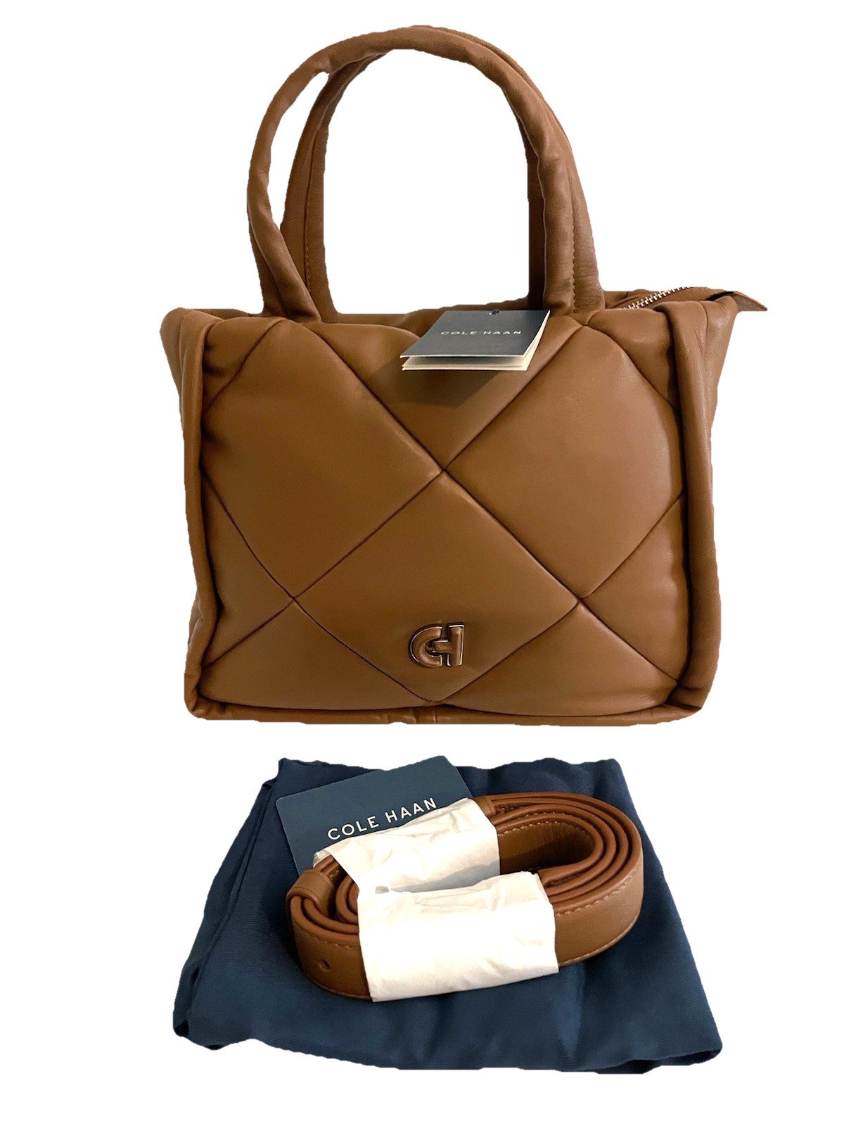Cole Haan Grand Series Quilted Tote Bag Crossbody Caramel Leather New $350 Luxe