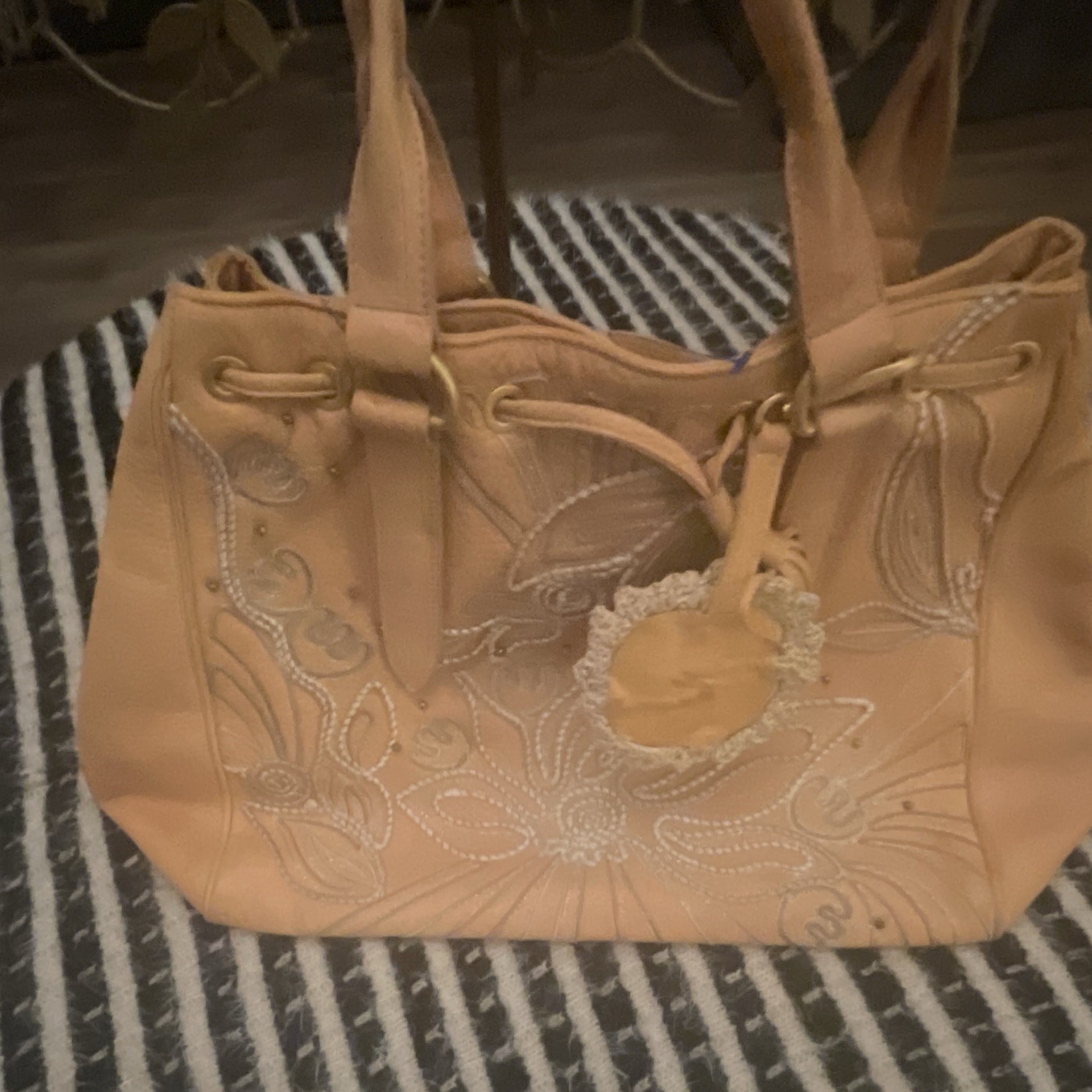 Gianfranco Sisti Tan Embroidered Floral Tote Drawstring, Bag Charm, Pockets