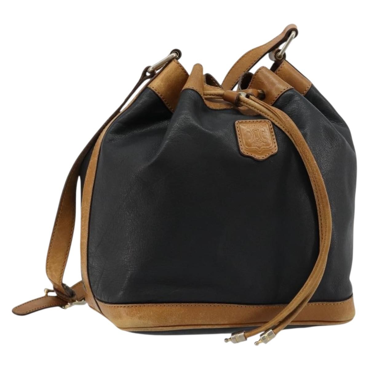 CELINE Purse Shoulder Bag Leather Black Gold Auth 185080