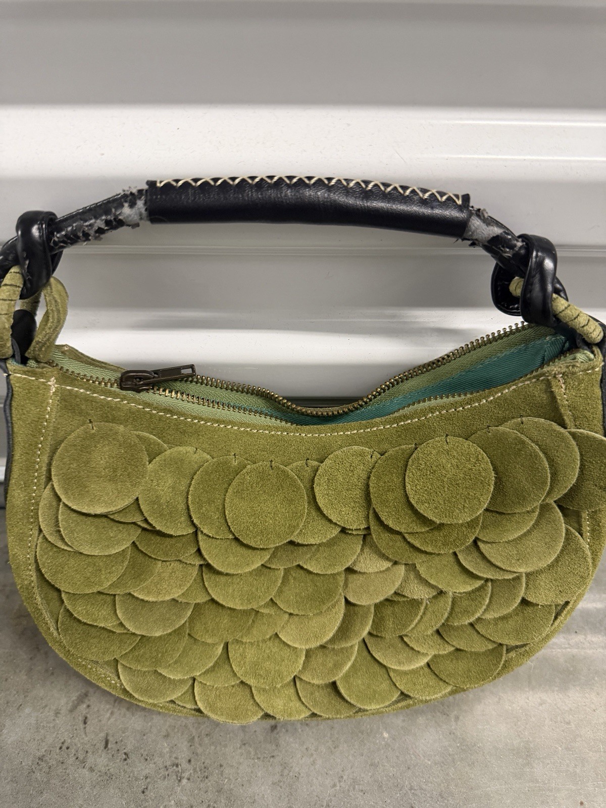Vintage Y2K Olive Green Suede Petal Disc Crescent Hobo Shoulder Bag Boho Purse