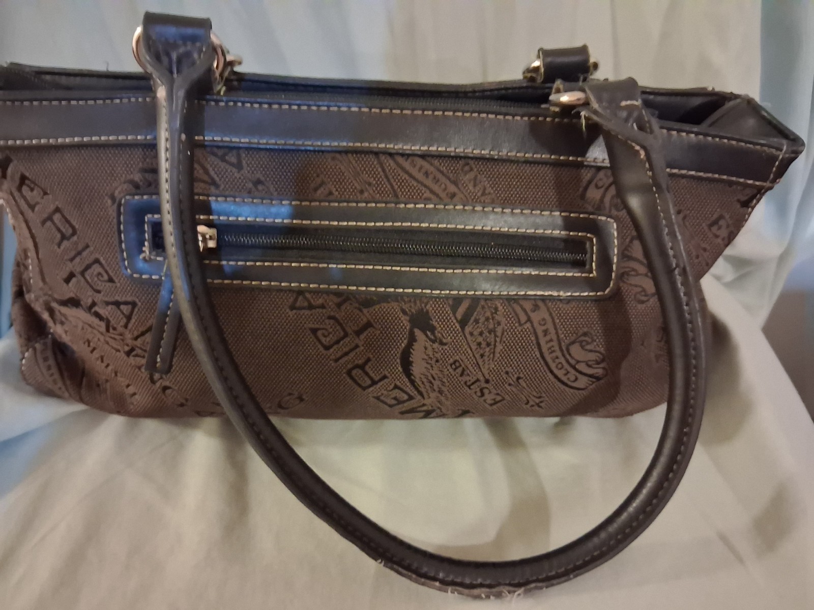 American Living Brown Shoulder Bag Logo Buckle Accent Zip Inner Pockets